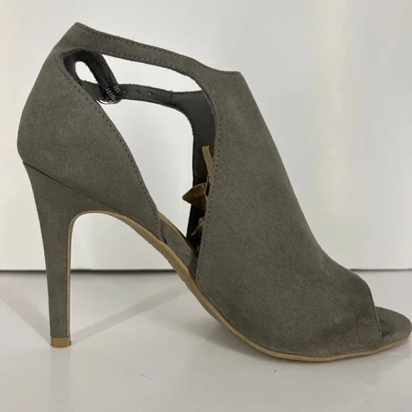 Christian Siriano Taupe / Green Faux Suede Open Toe High Heels Sz 8.5 - Picture 9 of 15